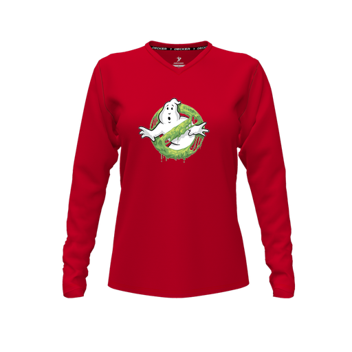 [CUS-DFW-TEES-CMF-VNK-LSL-RED-FYXS-LOGO1] Decker Comfort T-Shirt (Female Youth XS, Red, V Neck, Logo 1, Long Sleeve)